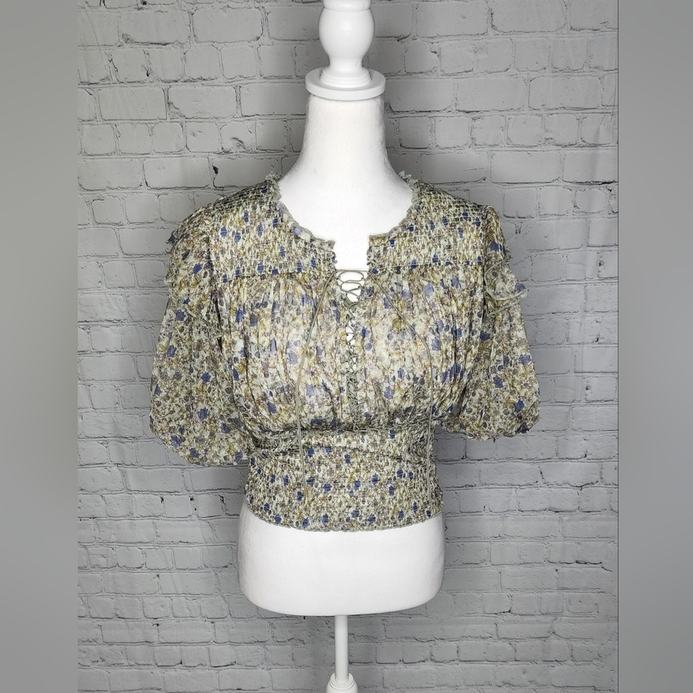 Free People Beatrice Floral-print Smocked Top In Mint Combo - Picture 2 of 8